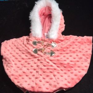 Hooded cape with furry hood and toggle snaps